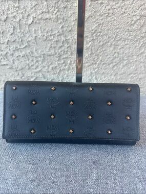 MCM Black Embossed Logo Studded Continental Wallet